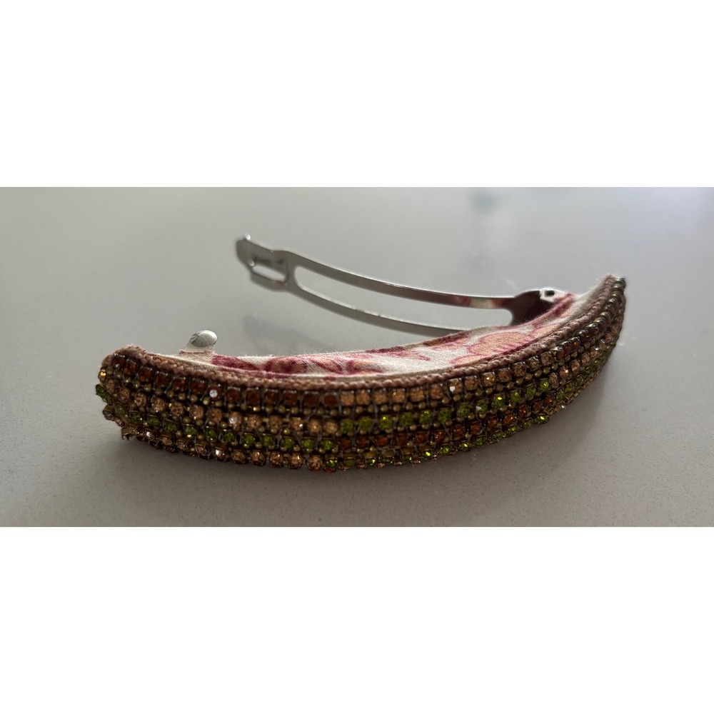 Vintage Anthropologie Rhinestone Floral Fabric French Barrette Hair Clip Earth